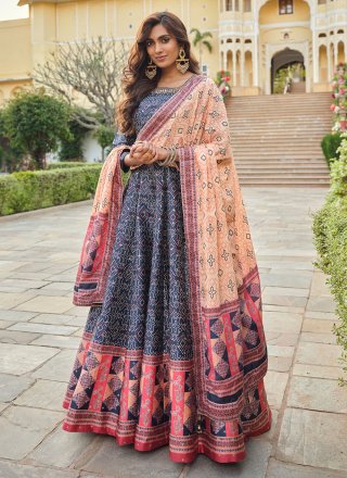 Blue Digital Print and Patola Print Work Silk Gown