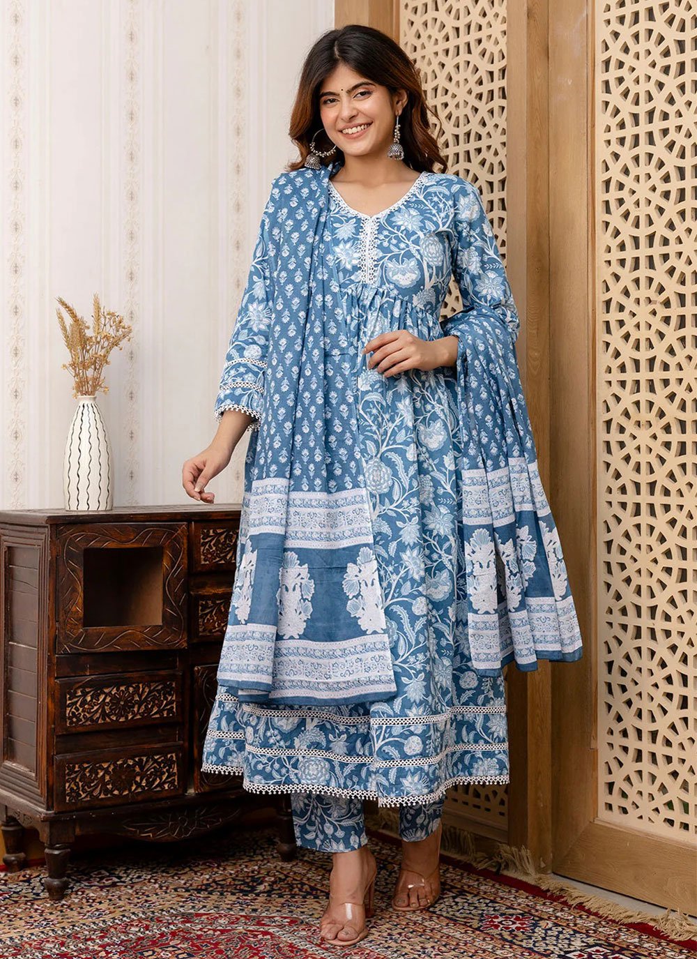 Buy Blue Digital Print Work Cotton Readymade Salwar Suit Online - Main Image