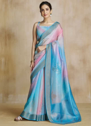 Blue Digital Print Work Fancy Fabric Classic Saree