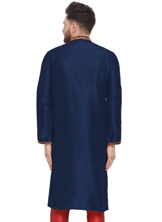 Blue Dupion Silk Embroidered Work Kurta Mens Wear