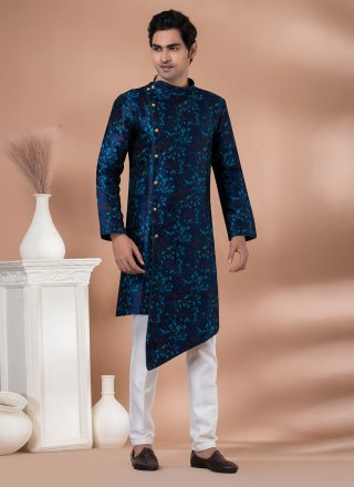 Blue Embroidered and Jacquard Work Jacquard Silk Indo Western