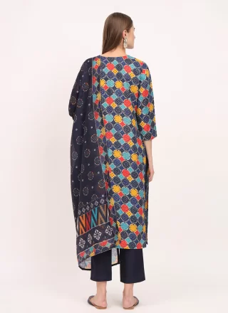 Blue Embroidered and Print Work Cotton Pant Style Suit
