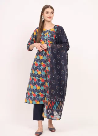 Blue Embroidered and Print Work Cotton Pant Style Suit