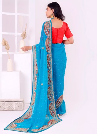 Blue Embroidered, Stone and Thread Work Georgette Contemporary Sari