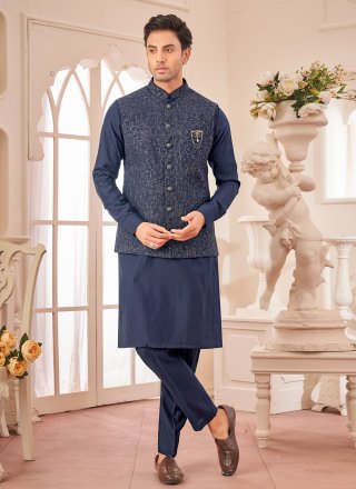 Blue Embroidered Work Art Silk Kurta Payjama with Jacket