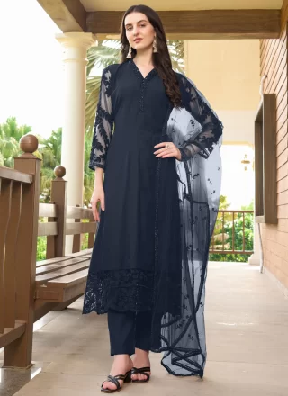 Blue Embroidered Work Art Silk Salwar Suit