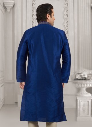 Blue Embroidered Work Dupion Silk Kurta Pyjama
