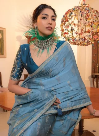 Blue Embroidered Work Satin Classic Sari