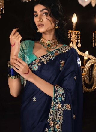 Blue Fancy Fabric Patch Border, Embroidered, Sequins and Stone Work Classic Sari