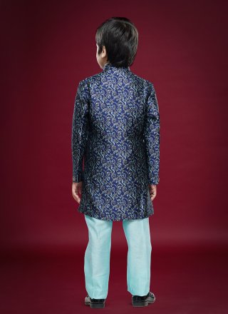 Blue Fancy Work Banarasi Jacquard Sherwani Kids Wear