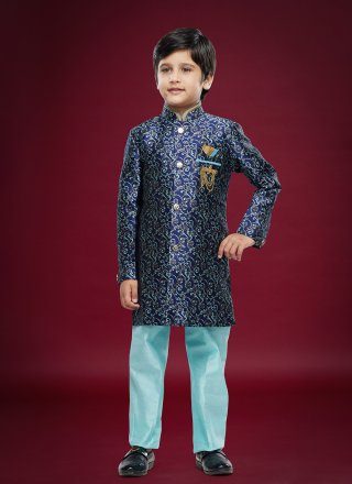 Blue Fancy Work Banarasi Jacquard Sherwani Kids Wear