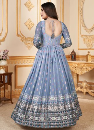 Blue Faux Georgette Designer Gown with Foil Print Work