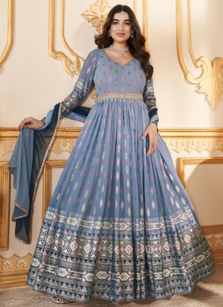Blue Faux Georgette Designer Gown with Foil Print Work