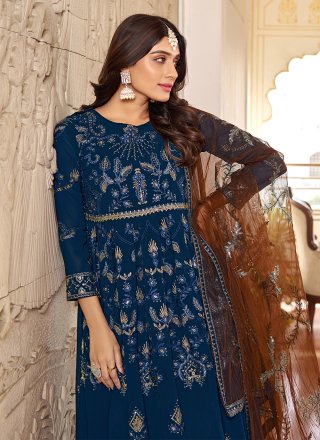 Blue Faux Georgette Embroidered and Sequins Work  Designer Gown