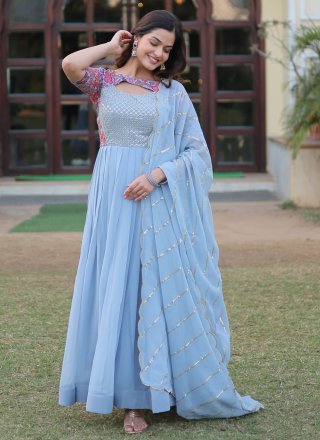 Beautiful Long Georgette-Silk Dress with Hand Embroidery in jacket style.  #labelm | Party wear frocks, Indian gowns dresses, Long gown dress