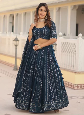 Blue Faux Georgette Embroidered, Sequins and Thread Work Lehenga Choli for Ceremonial