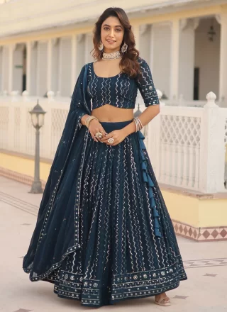 Wedding Wear Teal Blue Sequence Embroidered Work Lehenga Cho