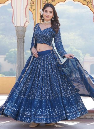 Blue Faux Georgette Embroidered, Sequins and Thread Work Lehenga Choli for Women