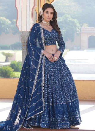 Blue Faux Georgette Embroidered, Sequins and Thread Work Lehenga Choli for Women