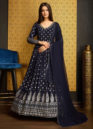 Blue Faux Georgette Foil Print and Hand Work  Designer Gown for Party
