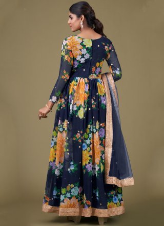 Blue Faux Georgette Readymade Salwar Suit with Digital Print, Sequins and Zari Work