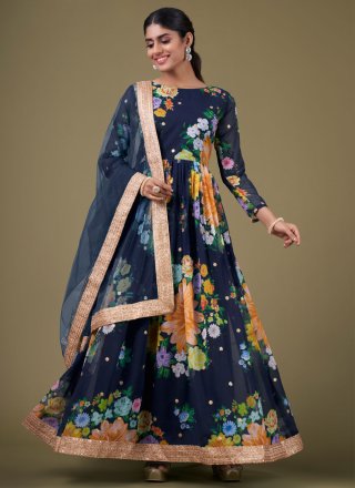 Blue Faux Georgette Readymade Salwar Suit with Digital Print, Sequins and Zari Work