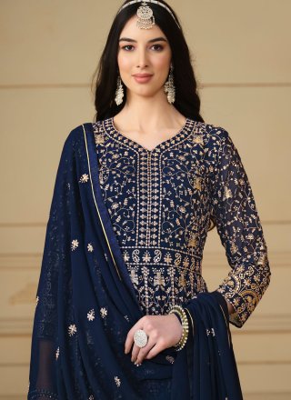 Blue Faux Georgette Salwar Suit with Embroidered and Sequins Work