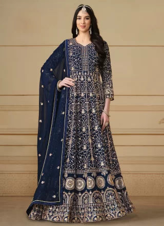 Blue Faux Georgette Salwar Suit with Embroidered and Sequins Work