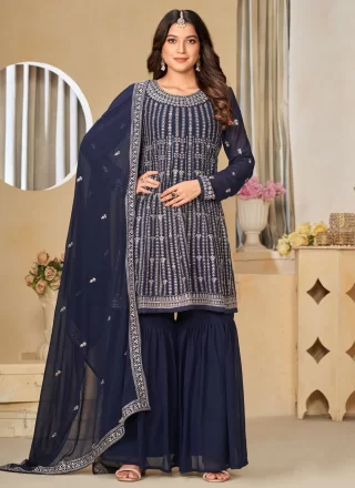 Blue Faux Georgette Salwar Suit with Embroidered Work for Engagement