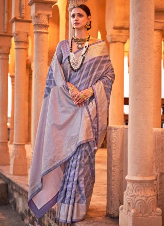 Blue Foil Print Work Viscose Contemporary Sari