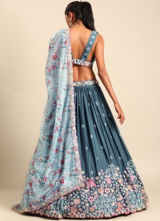Blue Georgette A - Line Lehenga Choli with Cord, Embroidered, Moti, Sequins and Thread Work