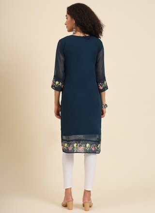 Blue Georgette Chikankari, Embroidered and Lucknowi Work Work Casual Kurti for Casual