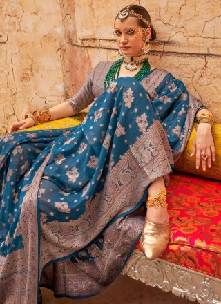 Blue Georgette Contemporary Sari with Weaving Work for Ceremonial