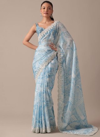 Blue Georgette Cord, Cut, Digital Print, Embroidered and Sequins Work Classic Saree for Ceremonial