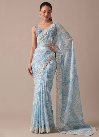 Blue Georgette Cord, Cut, Digital Print, Embroidered and Sequins Work Classic Saree for Ceremonial