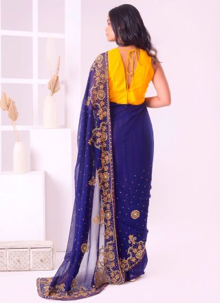 Blue Georgette Designer Saree with Embroidered and Stone Work