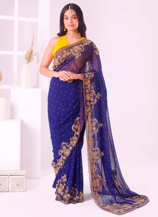 Blue Georgette Designer Saree with Embroidered and Stone Work
