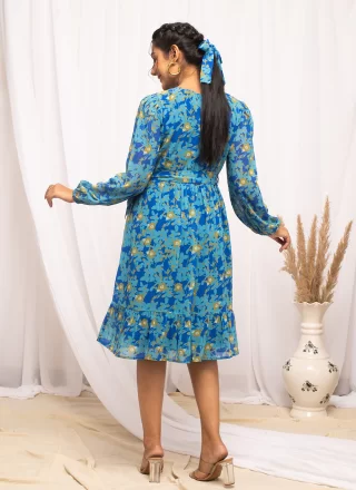 Blue Georgette Designer with Print Work