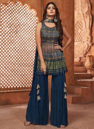 Blue Georgette Digital Print Work Salwar Suit for Ceremonial
