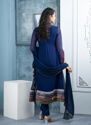 Blue Georgette Embroidered and Hand Work Pant Style Suit