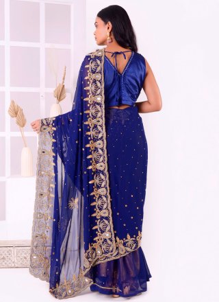 Blue Georgette Embroidered and Mirror Work Trendy Saree for Ceremonial