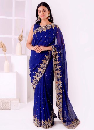 Blue Georgette Embroidered and Mirror Work Trendy Saree for Ceremonial