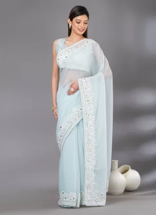 Blue Georgette Embroidered and Sequins Work Classic Sari