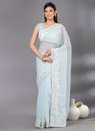 Blue Georgette Embroidered and Sequins Work Classic Sari