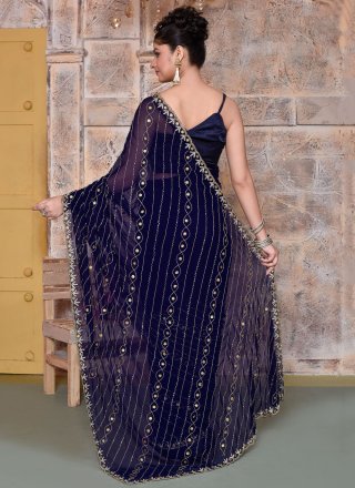 Blue Georgette Embroidered and Sequins Work Classic Sari