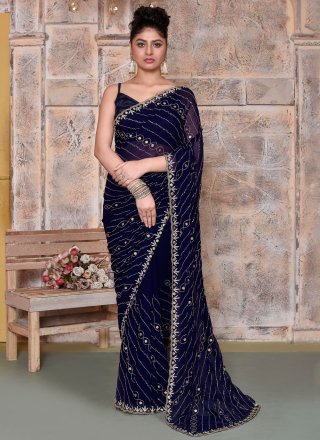 Blue Georgette Embroidered and Sequins Work Classic Sari
