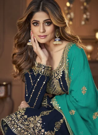 Blue Georgette Embroidered and Sequins Work Lehenga Choli for Ceremonial