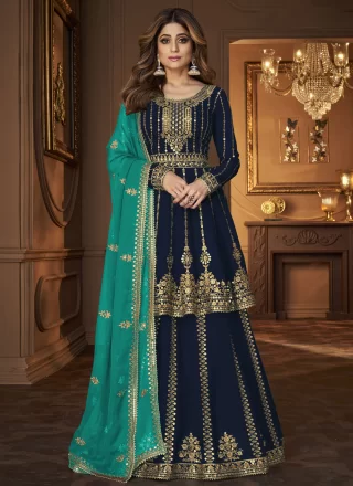 Blue Georgette Embroidered and Sequins Work Lehenga Choli for Ceremonial