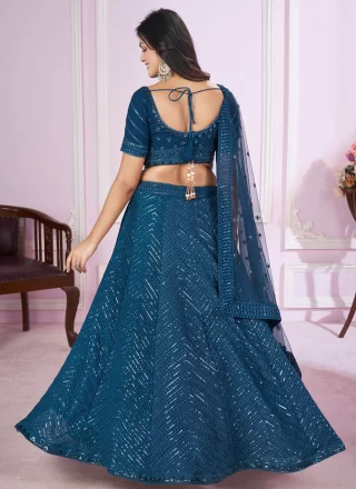 Blue Georgette Embroidered, Sequins and Thread Work Lehenga Choli for Engagement