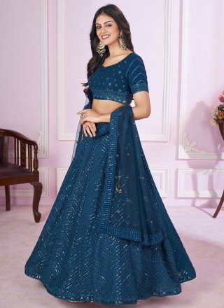 Blue Georgette Embroidered, Sequins and Thread Work Lehenga Choli for Engagement